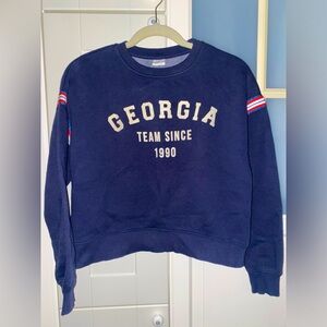 Preloved ZARA Logo Navy Sweatshirt, Drop Shoulder w stripe ribbon trim Sz 11-12